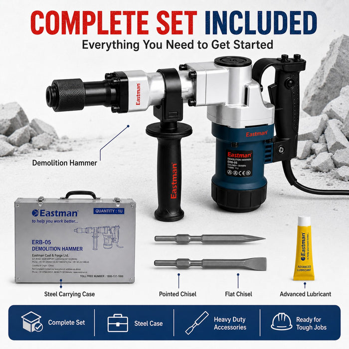 JRSDRIVE ERB-05 Demolition Hammer 5 Kg Class, 1100W Rated Power, 11J Impact Energy, 4900 BPM Impact Rate with Steel Box