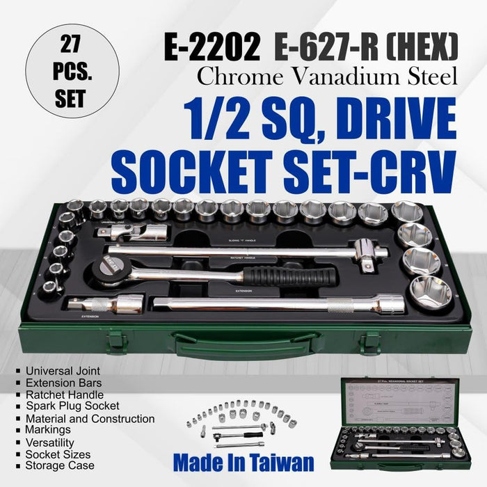 Eastman 1/2 SQ. 27 Pc DRIVE SOCKET SETS,Chrome Finish ,(E-627R)