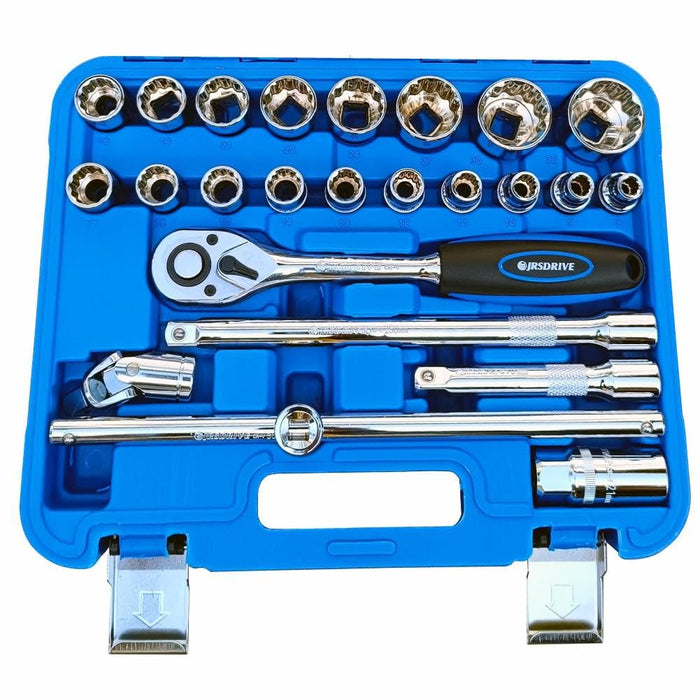 Eastman (12.7)1/2" Drive 24-Pcs Socket Set with Blow Mold Case, Mirror Finish, Knurled Sockets, Heavy-Duty Ratchet Handle, Ideal for Automotive Use (E-2260N)