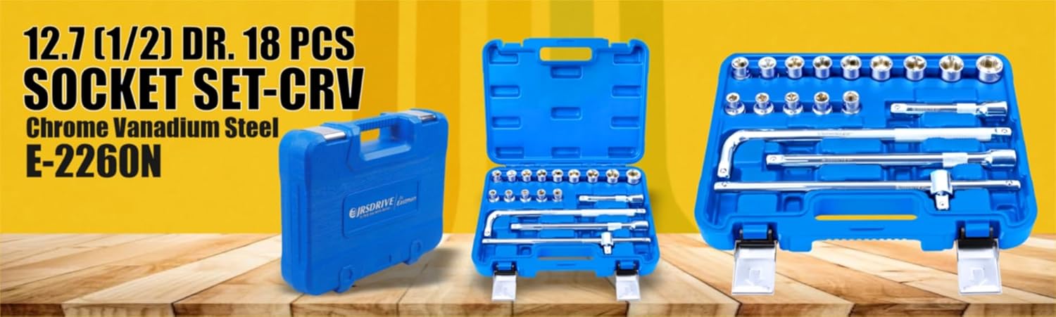 Eastman 1/2 Sq. Drive Sockets Sets, Chrome Vanadium Steel, Double Chrome Plated Square Drive, Mirror Finish(14 Sockets + 4 Accessories) Set Of 18Pcs E-2260N