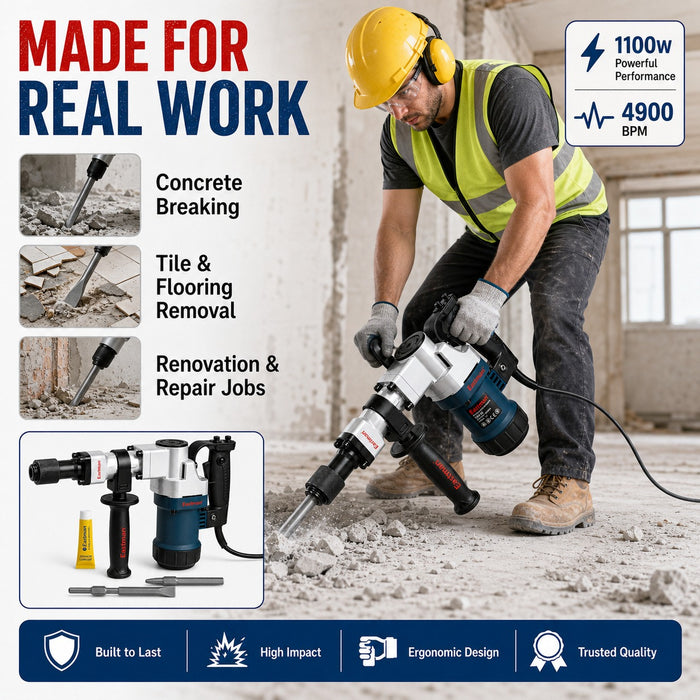 JRSDRIVE ERB-05 Demolition Hammer 5 Kg Class, 1100W Rated Power, 11J Impact Energy, 4900 BPM Impact Rate with Steel Box