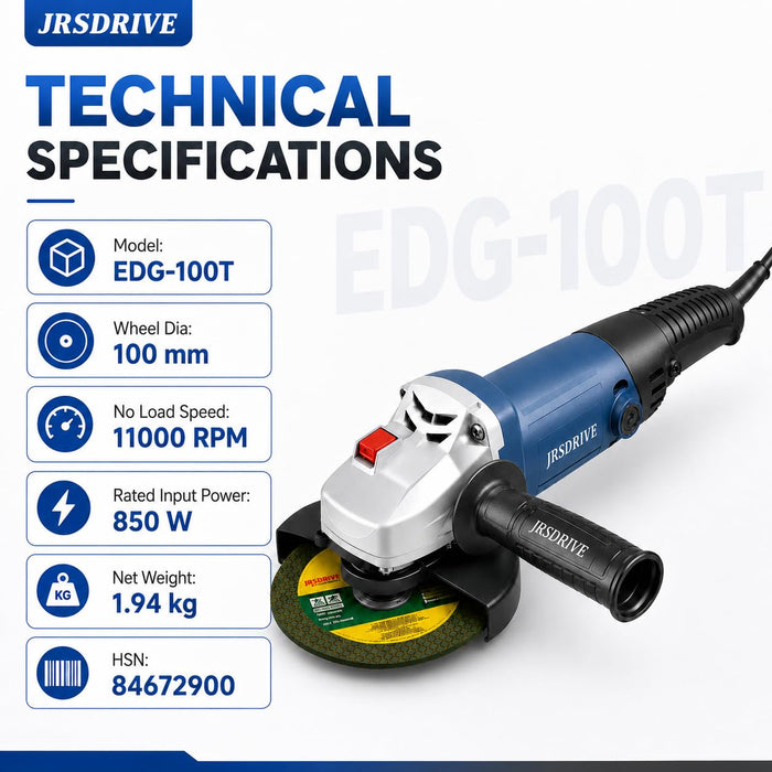 JRSDRIVE EDG-100T 850W Grinder | 100mm (4") Disc | Aluminum Gear Housing & Burst-Proof Guard