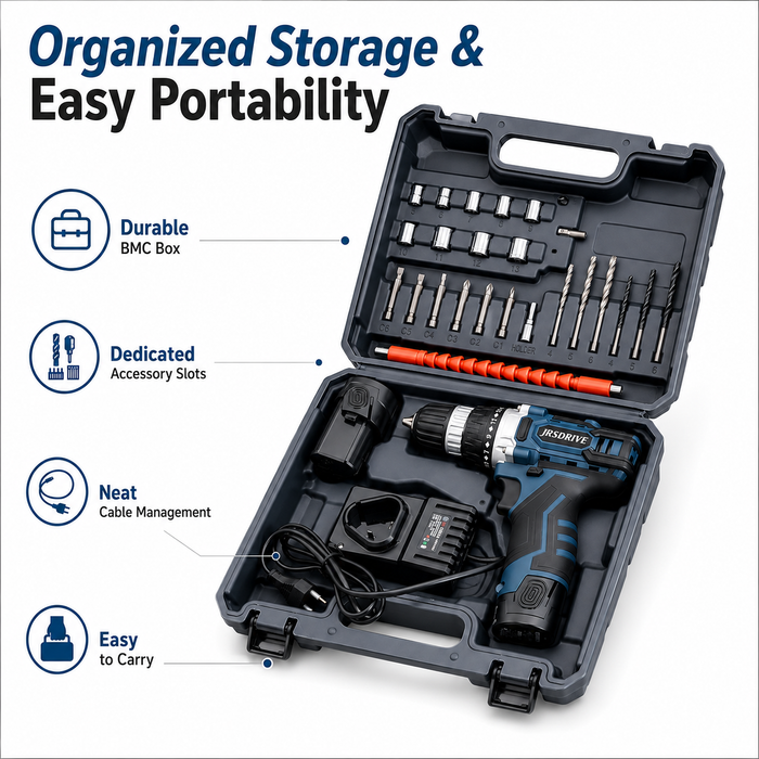 JRSDRIVE 12V Cordless Drill Driver Kit ECD-10NK | Power Screwdriver Machine Set with 2x 1.5Ah Lithium Batteries, Fast Charger, Flexible Extension Shaft & 26 Accessories in Heavy Duty BMC Box