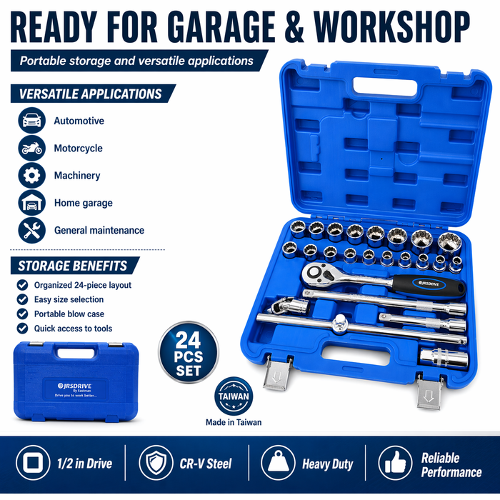 JRSDRIVE 24 Pcs E-2260N Socket Set with 1/2 Inch Square Drive, Chrome Vanadium Steel Sockets, Mirror Finish, Ratchet Handle and Storage Case