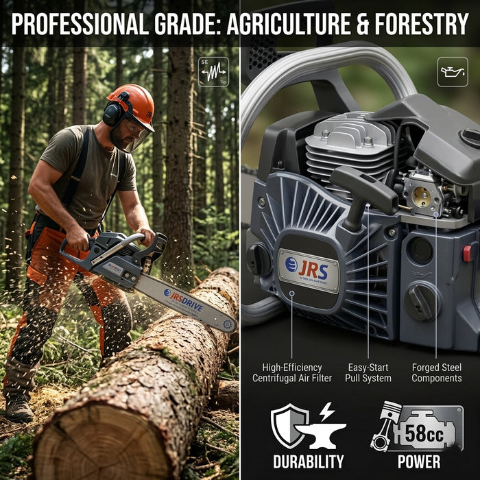 JRSDRIVE 58CC Gasoline Chainsaw (EPCS-5822ENP2) - Professional Heavy-Duty Wood Cutter with 22" Guide Bar