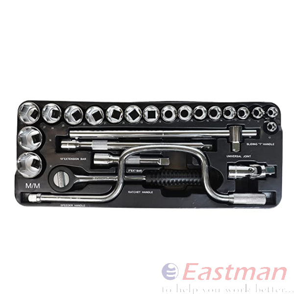 "Eastman 1/2 SQ. 27 Pc DRIVE SOCKET SETS ,Metal Box, Bright Chrome Finish ,(E-2202-E-627)"-E-1224-R(BI-Hex)