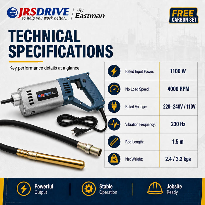 JRSDRIVE Electric Concrete Vibrator 1100W – 1.5m Rod for Concrete & Cement Work EEVR1.5
