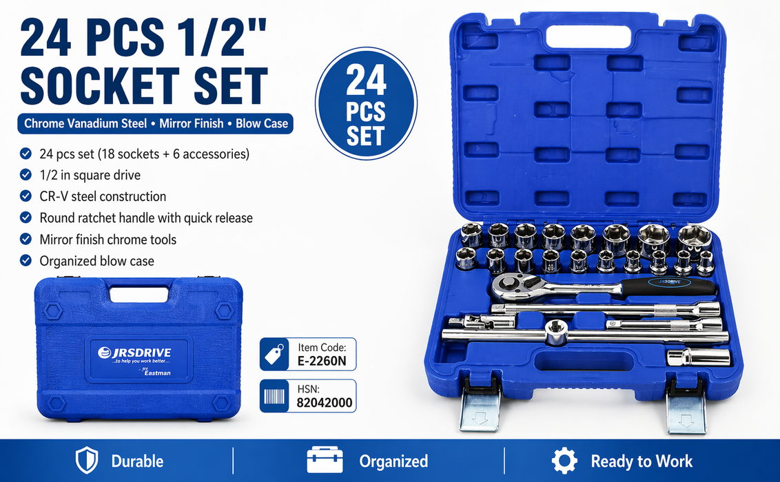 JRSDRIVE 24 Pcs E-2260N Socket Set with 1/2 Inch Square Drive, Chrome Vanadium Steel Sockets, Mirror Finish, Ratchet Handle and Storage Case