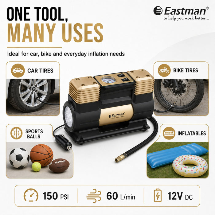 JRSDRIVE EAC-60150N Heavy Duty Double Piston Air Compressor - 12V Digital Car Tyre Inflator, 150 PSI, 60 Ltr/Min with LED Light