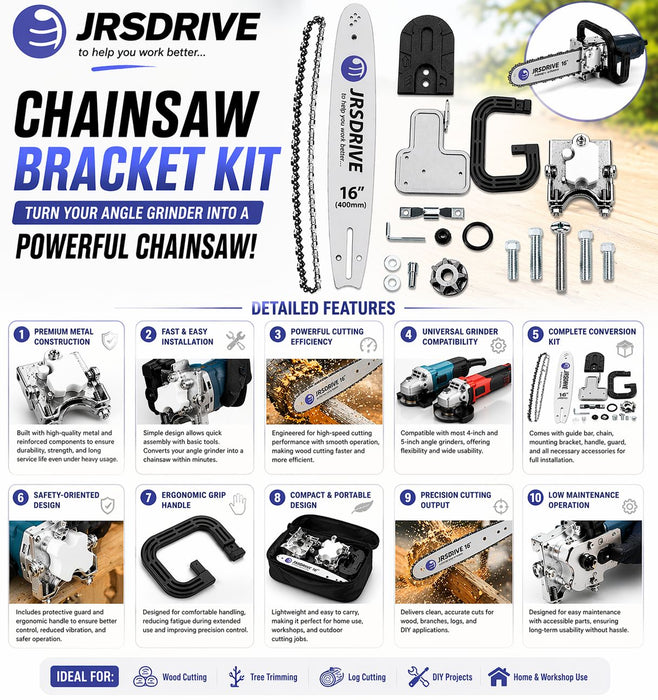 JRSDRIVE 16" Chainsaw Attachment for Angle Grinder – Wood Cutting & Tree Pruning