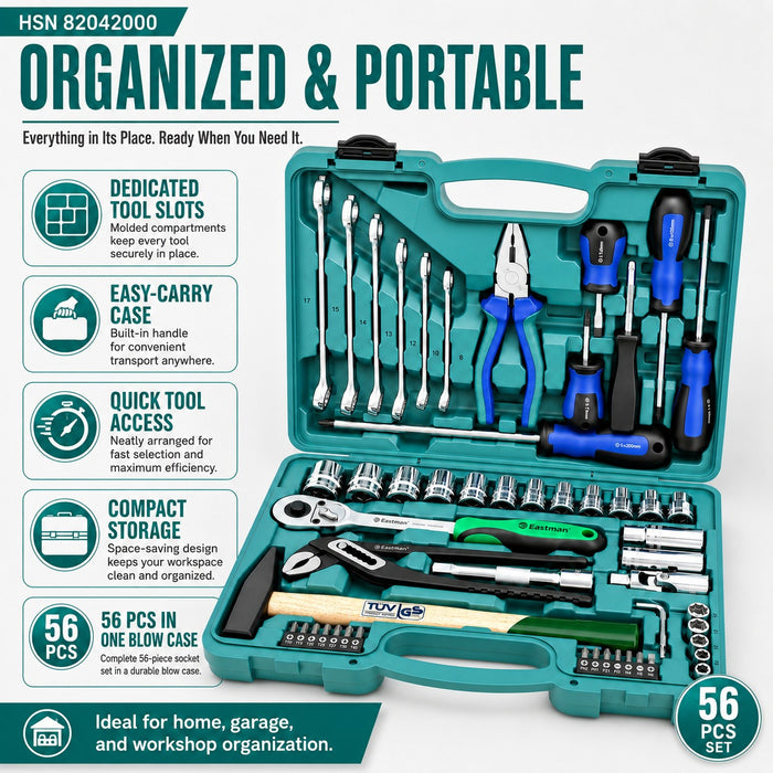 Eastman 56 Pcs Multi-Purpose Hand Tool Kit & Socket Box Set | Universal Screwdriver, Bit & Wrench Toolkit for DIY Household Maintenance, Bike, Machine & Automotive Repair (Model: E-2303)