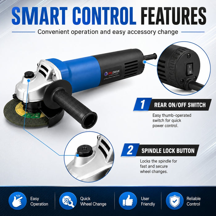 JRSDRIVE EDG-100 Angle Grinder - 100mm (4-Inch) Wheel Dial, 680W Powerful Motor, 10500 RPM for Cutting & Grinding