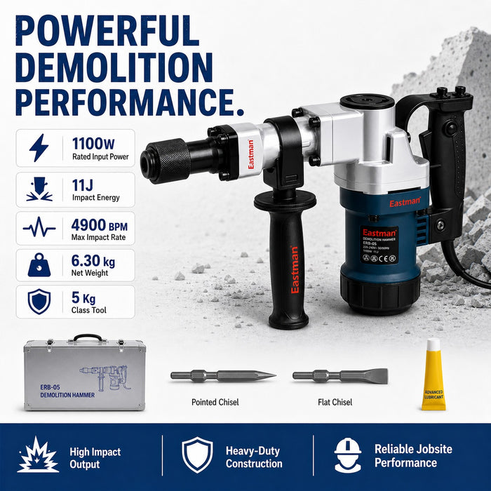 JRSDRIVE ERB-05 Demolition Hammer 5 Kg Class, 1100W Rated Power, 11J Impact Energy, 4900 BPM Impact Rate with Steel Box