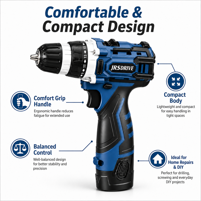 JRSDRIVE 12V Cordless Drill Driver Kit ECD-10NK | Power Screwdriver Machine Set with 2x 1.5Ah Lithium Batteries, Fast Charger, Flexible Extension Shaft & 26 Accessories in Heavy Duty BMC Box