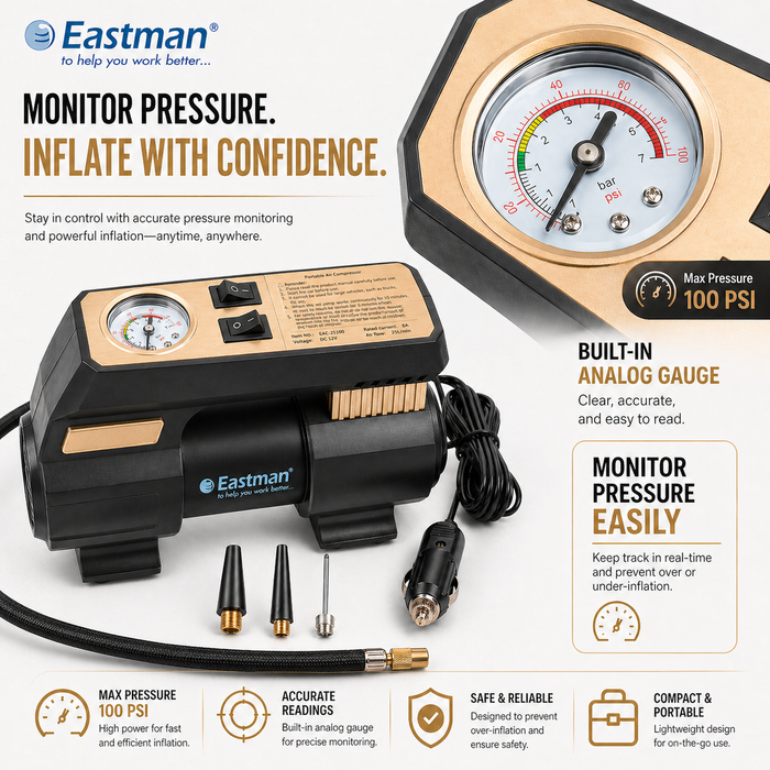 JRSDRIVE EAC25100 Heavy Duty 12V Electric Air Pump - 100 PSI Max Atmospheric Pressure, 6A Max Current, 20Ltr/min Air Flow with Multi-Purpose Nozzles