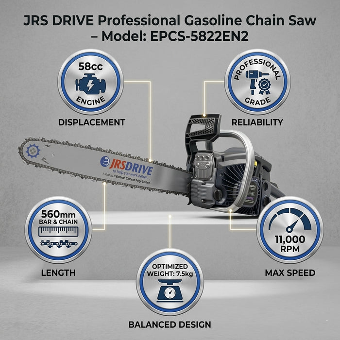 JRSDRIVE 58CC Gasoline Chainsaw (EPCS-5822ENP2) - Professional Heavy-Duty Wood Cutter with 22" Guide Bar