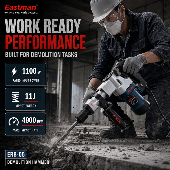JRSDRIVE ERB-05 Demolition Hammer 5 Kg Class, 1100W Rated Power, 11J Impact Energy, 4900 BPM Impact Rate with Steel Box