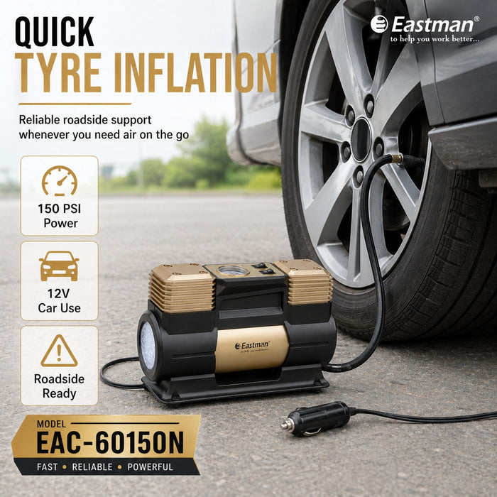JRSDRIVE EAC-60150N Heavy Duty Double Piston Air Compressor - 12V Digital Car Tyre Inflator, 150 PSI, 60 Ltr/Min with LED Light
