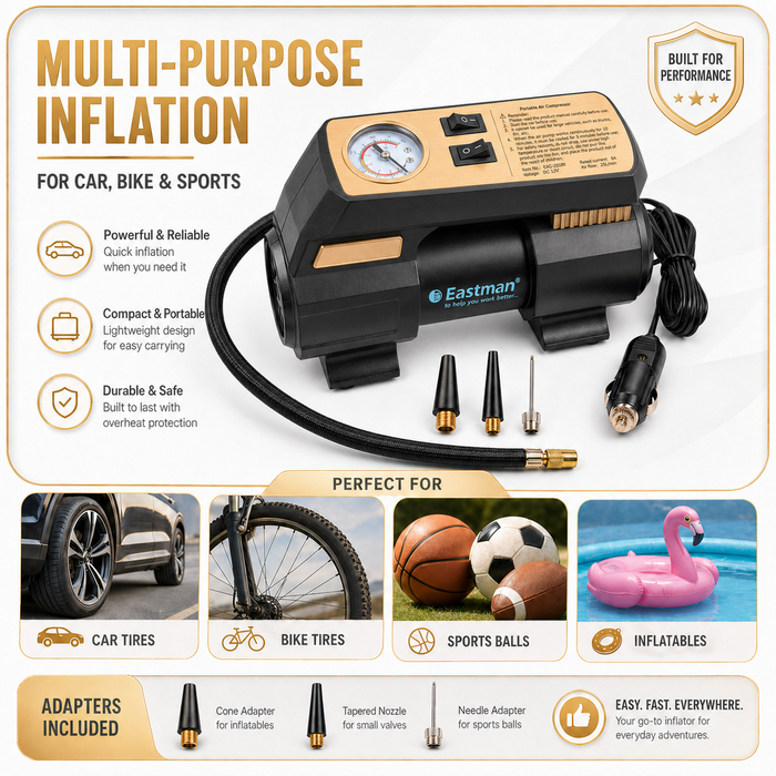 JRSDRIVE EAC25100 Heavy Duty 12V Electric Air Pump - 100 PSI Max Atmospheric Pressure, 6A Max Current, 20Ltr/min Air Flow with Multi-Purpose Nozzles