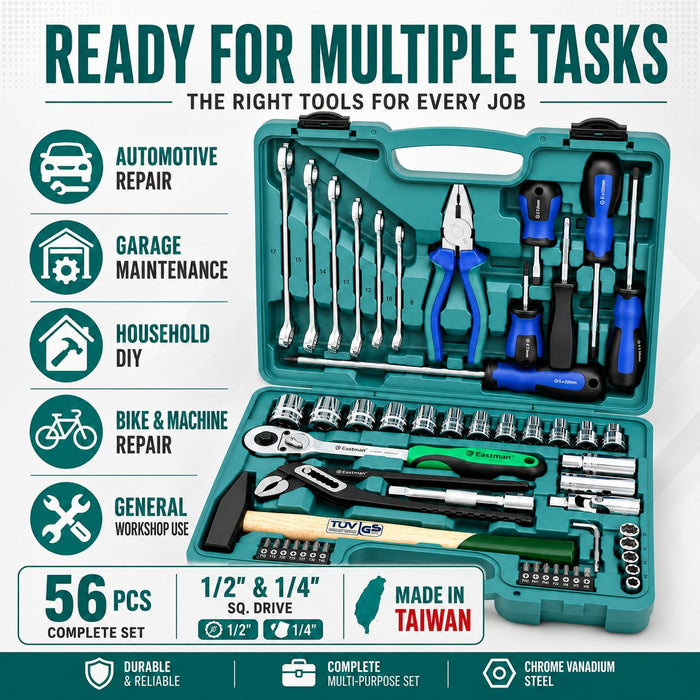 Eastman 56 Pcs Multi-Purpose Hand Tool Kit & Socket Box Set | Universal Screwdriver, Bit & Wrench Toolkit for DIY Household Maintenance, Bike, Machine & Automotive Repair (Model: E-2303)
