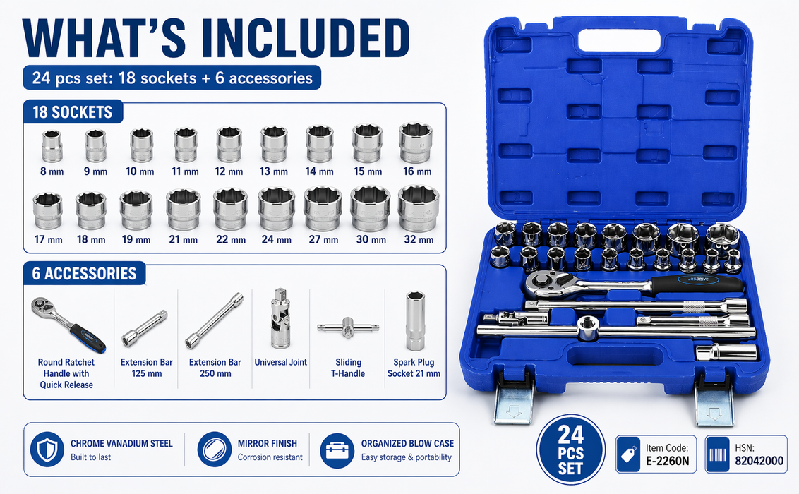 JRSDRIVE 24 Pcs E-2260N Socket Set with 1/2 Inch Square Drive, Chrome Vanadium Steel Sockets, Mirror Finish, Ratchet Handle and Storage Case