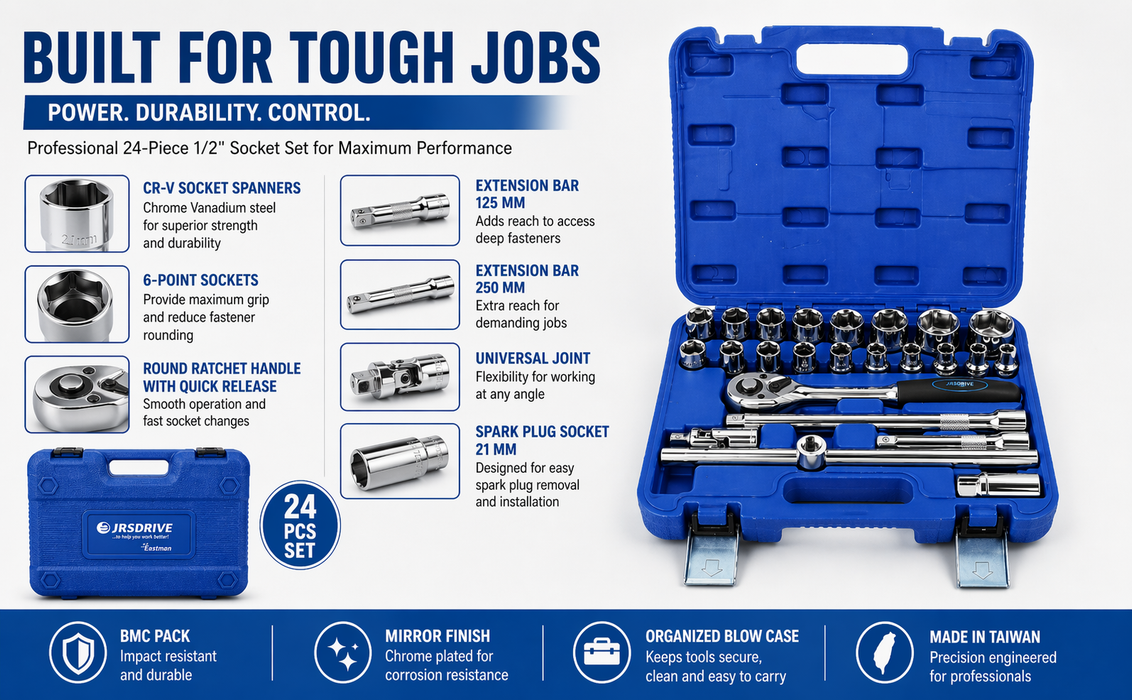 JRSDRIVE 24 Pcs E-2260N Socket Set with 1/2 Inch Square Drive, Chrome Vanadium Steel Sockets, Mirror Finish, Ratchet Handle and Storage Case