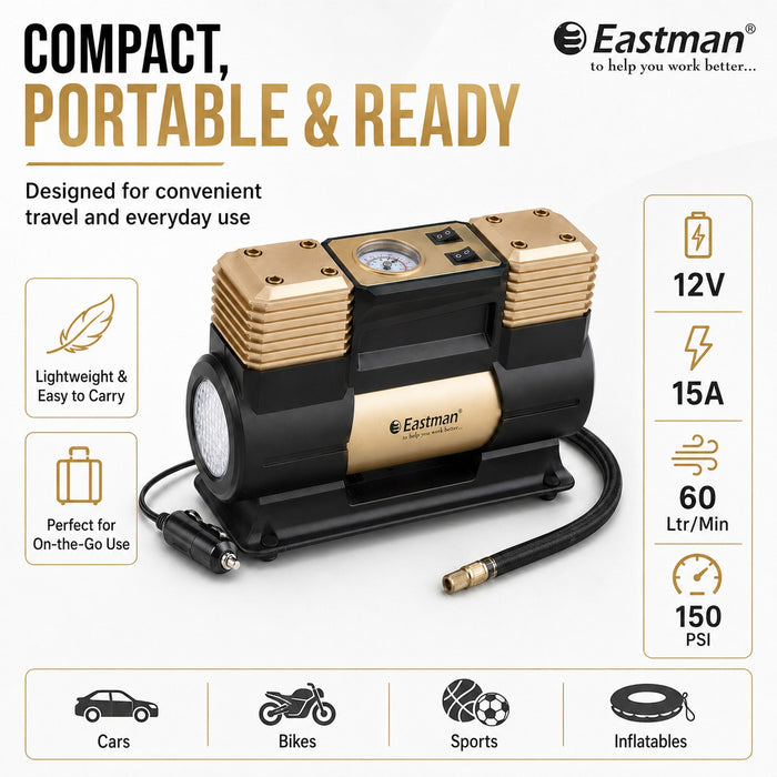 JRSDRIVE EAC-60150N Heavy Duty Double Piston Air Compressor - 12V Digital Car Tyre Inflator, 150 PSI, 60 Ltr/Min with LED Light