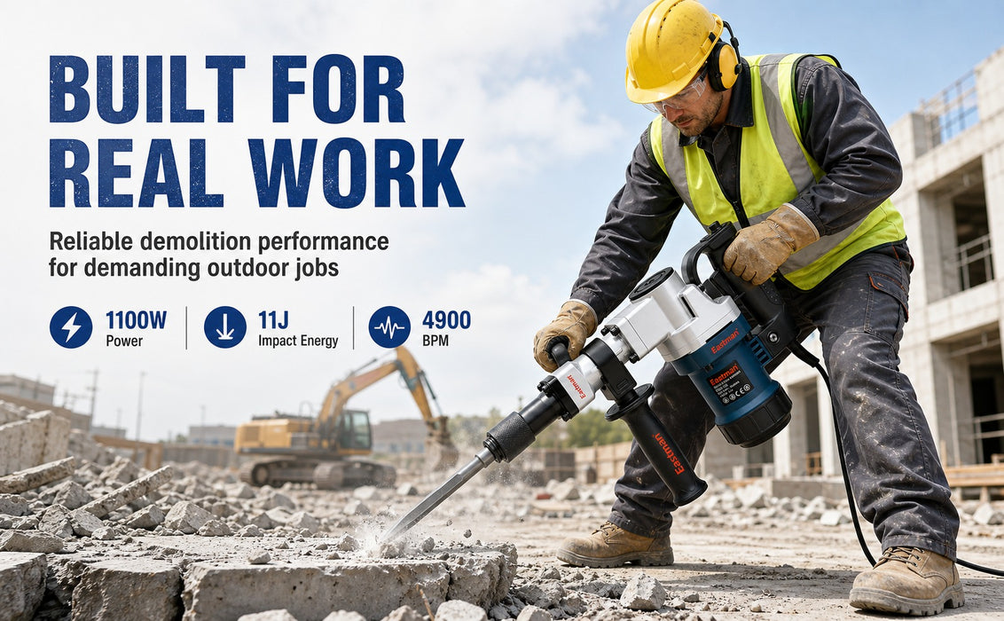 JRSDRIVE ERB-05 Demolition Hammer 5 Kg Class, 1100W Rated Power, 11J Impact Energy, 4900 BPM Impact Rate with Steel Box