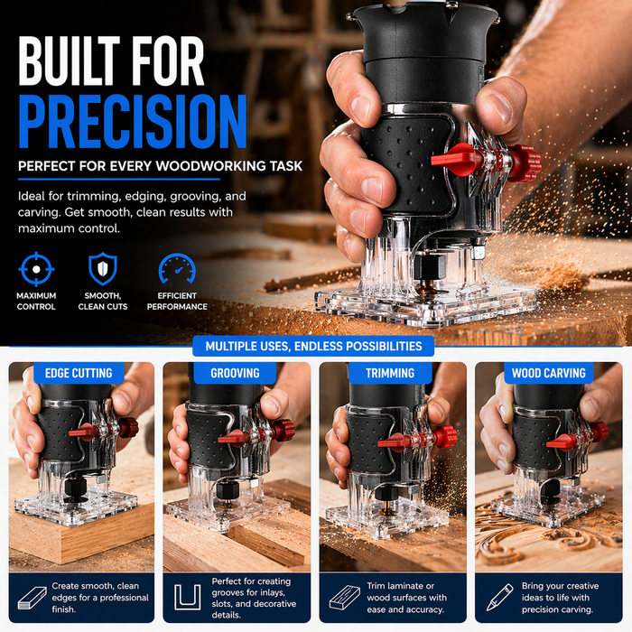 JRSDRIVE EWT-608 Electric Wood Trimmer (30000 RPM) - High Precision Hand Router with 6.35mm Collet & Adjustable Depth Scale for Woodworking Projects