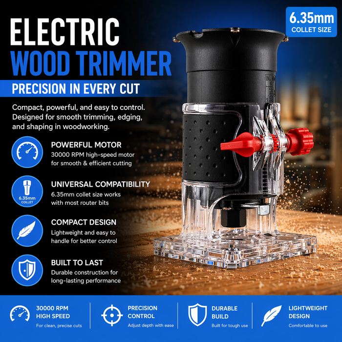 JRSDRIVE EWT-608 Electric Wood Trimmer (30000 RPM) - High Precision Hand Router with 6.35mm Collet & Adjustable Depth Scale for Woodworking Projects