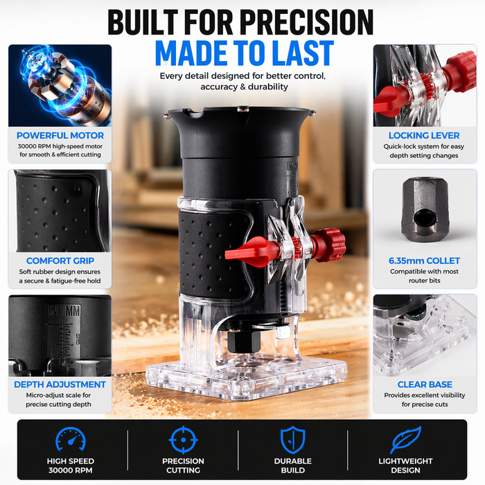JRSDRIVE EWT-608 Electric Wood Trimmer (30000 RPM) - High Precision Hand Router with 6.35mm Collet & Adjustable Depth Scale for Woodworking Projects