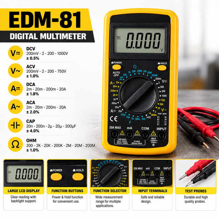 JRSDRIVE EDM-81 Digital Multimeter – High Precision DC Voltmeter & Ohm Volt Tester with Data Hold