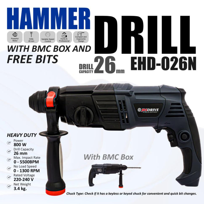 JRSDRIVE Hammer Drill 800W Power| bit diameter 26mm || EHD-26N Eastman Cast & Forge Ltd