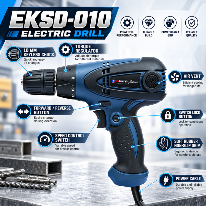 JRSDRIVE EKSD-010 Keyless Corded Screw Driver Machine | 300W Power | 10mm Chuck Size | Variable Speed & Built-in LED Light