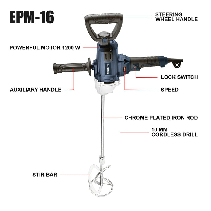 JRSDRIVE PAINT MIXER 16MM WITH 120MM ROD (1200W) EPM-16 Eastman Cast & Forge Ltd