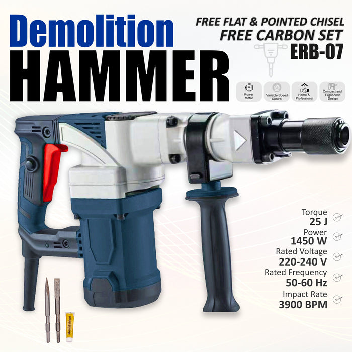 JRSDRIVE Demolition Hammer 7KG, 1450W,3900BPM ERB-07 Eastman Cast & Forge Ltd