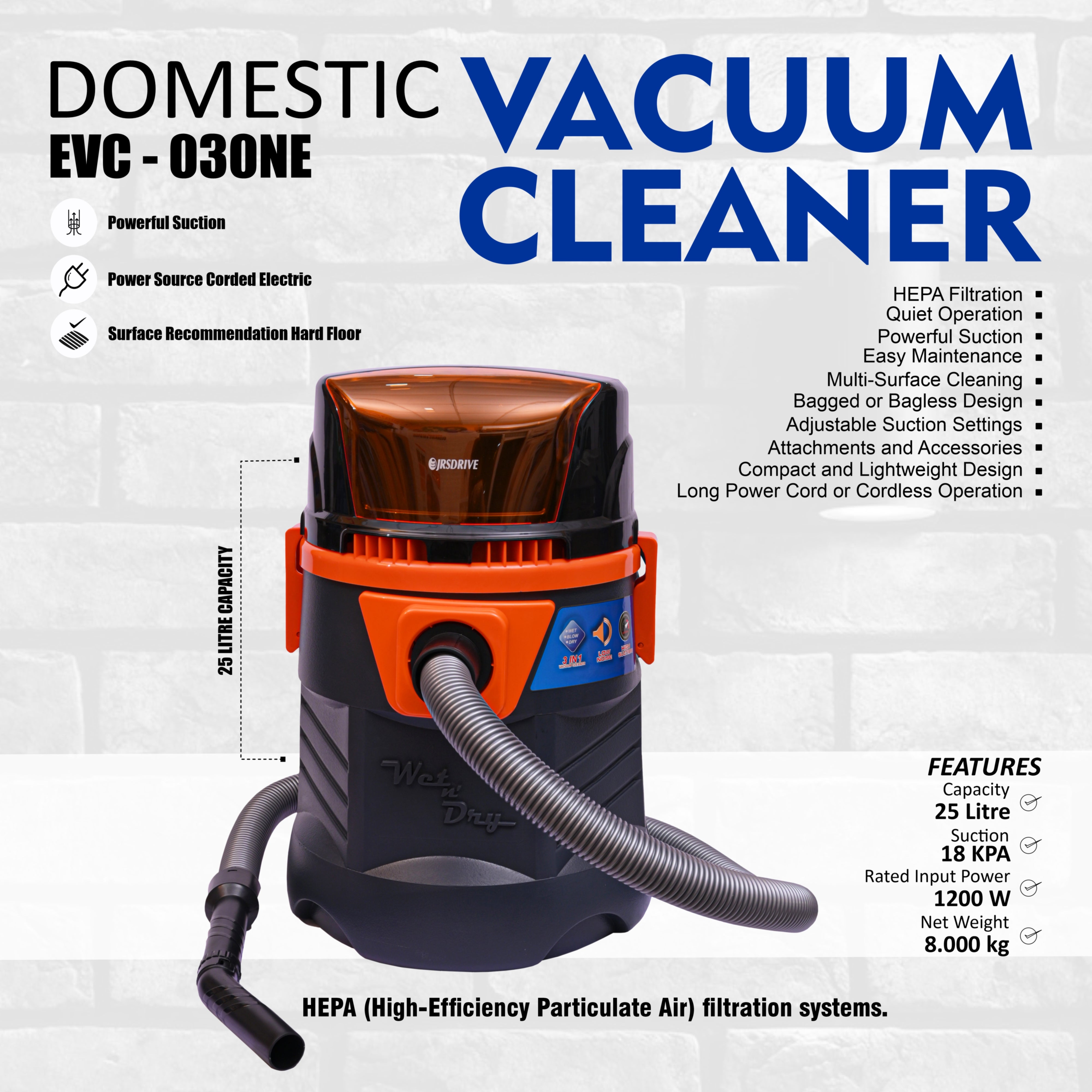Buy Best Domestic Vacuum Cleaner, 18 Kpa, Rate, 1200W, 25 Lt (EVC030NE