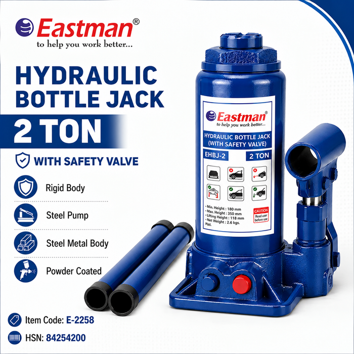 Eastman Hydraulic Bottle Jack E-2258 with Safety Valve, Heavy Duty Steel Body, Vehicle Lifting Jack – 2 Ton, 3 Ton, 5 Ton & 10 Ton