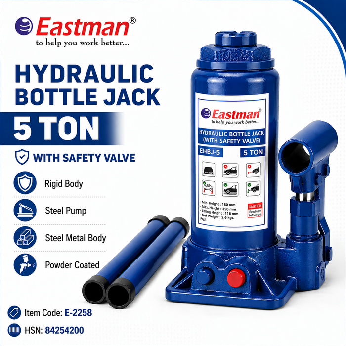 Eastman Hydraulic Bottle Jack E-2258 with Safety Valve, Heavy Duty Steel Body, Vehicle Lifting Jack – 2 Ton, 3 Ton, 5 Ton & 10 Ton