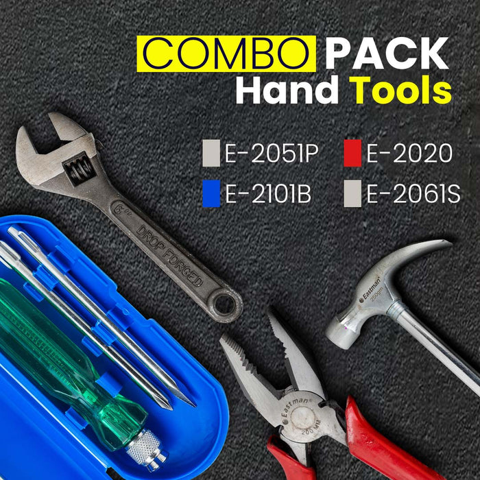 Eastman Tool Kit Set | Combo Pack of 4 | Adjustable Wrenches 1Pcs 6/150 Mm, Combination Plier 1Pcs 8/200 Mm and Screwdrivers Set Of 6 Pcs,Claw Hammer 1LB 1Pcs(Set of 9 pcs Tool kit) Eastman Cast & Forge Ltd