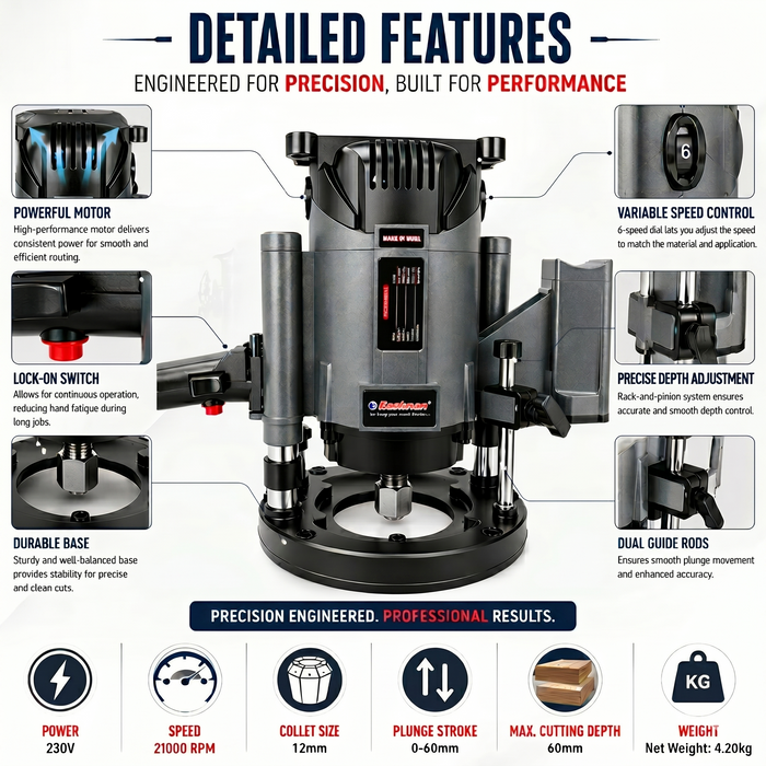 JRSDRIVE EER-812N 230V Electric Plunge Router (12mm Collet, 21000 RPM) - Variable Speed Professional Tool for Cabinet Making and Detailed Wood Carving