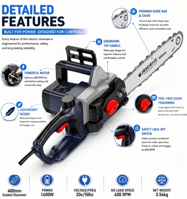 JRSDRIVE  ECHS 400N Electric Chain Saw | 1600W High-Efficiency Motor • Rapid 600m/min Cutting Speed