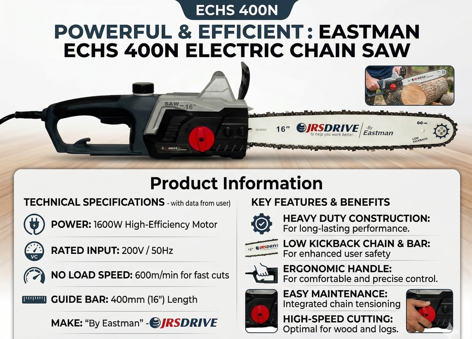 JRSDRIVE  ECHS 400N Electric Chain Saw | 1600W High-Efficiency Motor • Rapid 600m/min Cutting Speed