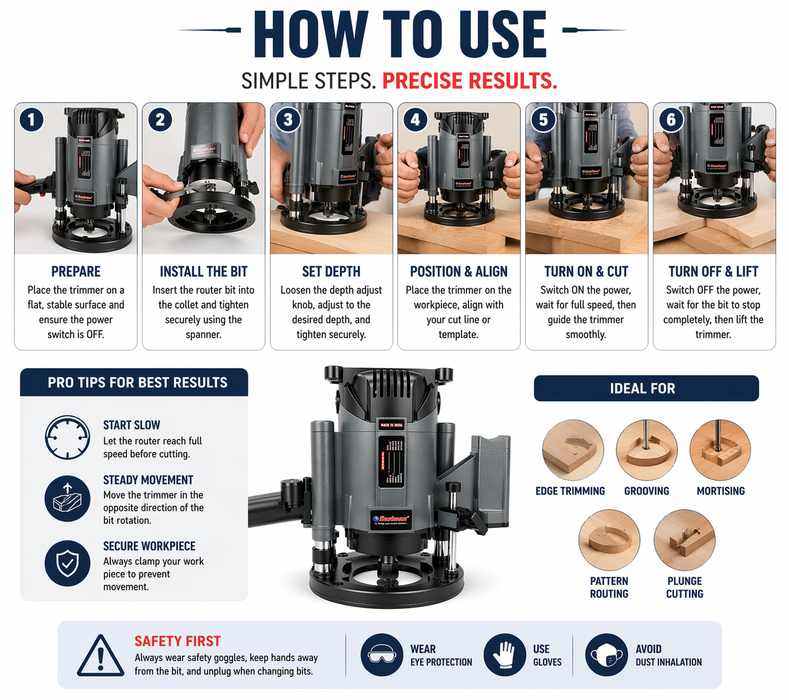 JRSDRIVE EER-812N 230V Electric Plunge Router (12mm Collet, 21000 RPM) - Variable Speed Professional Tool for Cabinet Making and Detailed Wood Carving