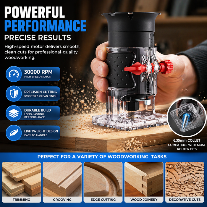 JRSDRIVE EWT-608 Electric Wood Trimmer (30000 RPM) - High Precision Hand Router with 6.35mm Collet & Adjustable Depth Scale for Woodworking Projects