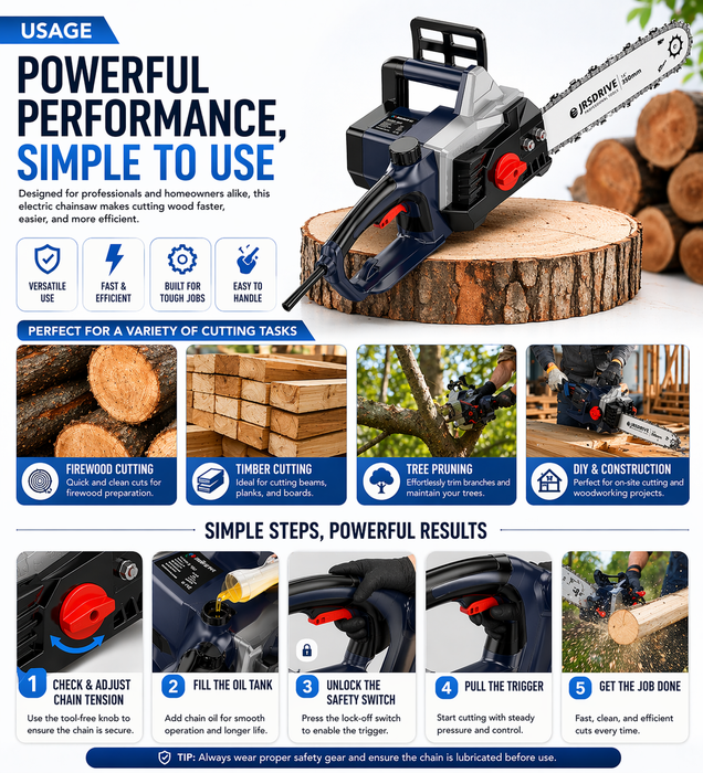 JRSDRIVE  ECHS 400N Electric Chain Saw | 1600W High-Efficiency Motor • Rapid 600m/min Cutting Speed