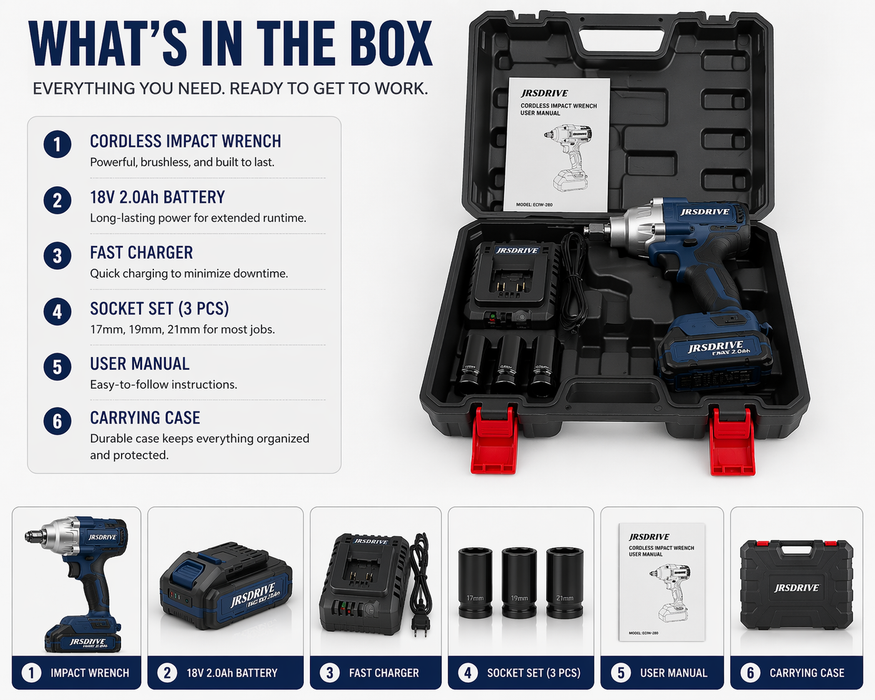 JRSDRIVE ECIW-280 1/2-Inch Cordless Impact Wrench – Heavy-Duty, Fast Charging, Variable Speed