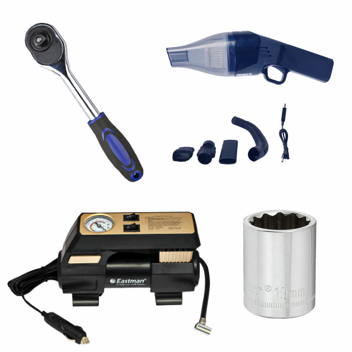 Eastman Buy Car Tool Kit Set with Air Compressor, Cordless Vacuum Cleaner,  Ratchet Handle, Drive Socket 19/21 mm |  ECTK04 Eastman Cast & Forge Ltd