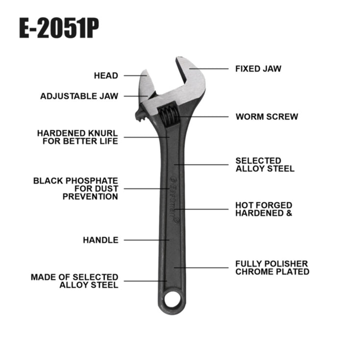 Eastman Adjustable Wrench | Alloy Steel, Fully Hardened & Tempered | 6–15 Inch Sizes – SKU-2051P