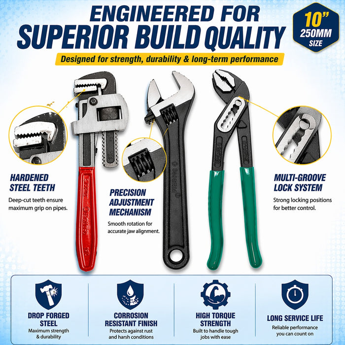 Eastman 3-in-1 Plumber Tools Kit 10” (250mm) – Pipe Wrench, Adjustable Wrench & Plier
